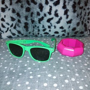 Green Sunglasses and Hot Pink Stretchy Bracelet Set 80's PARTY